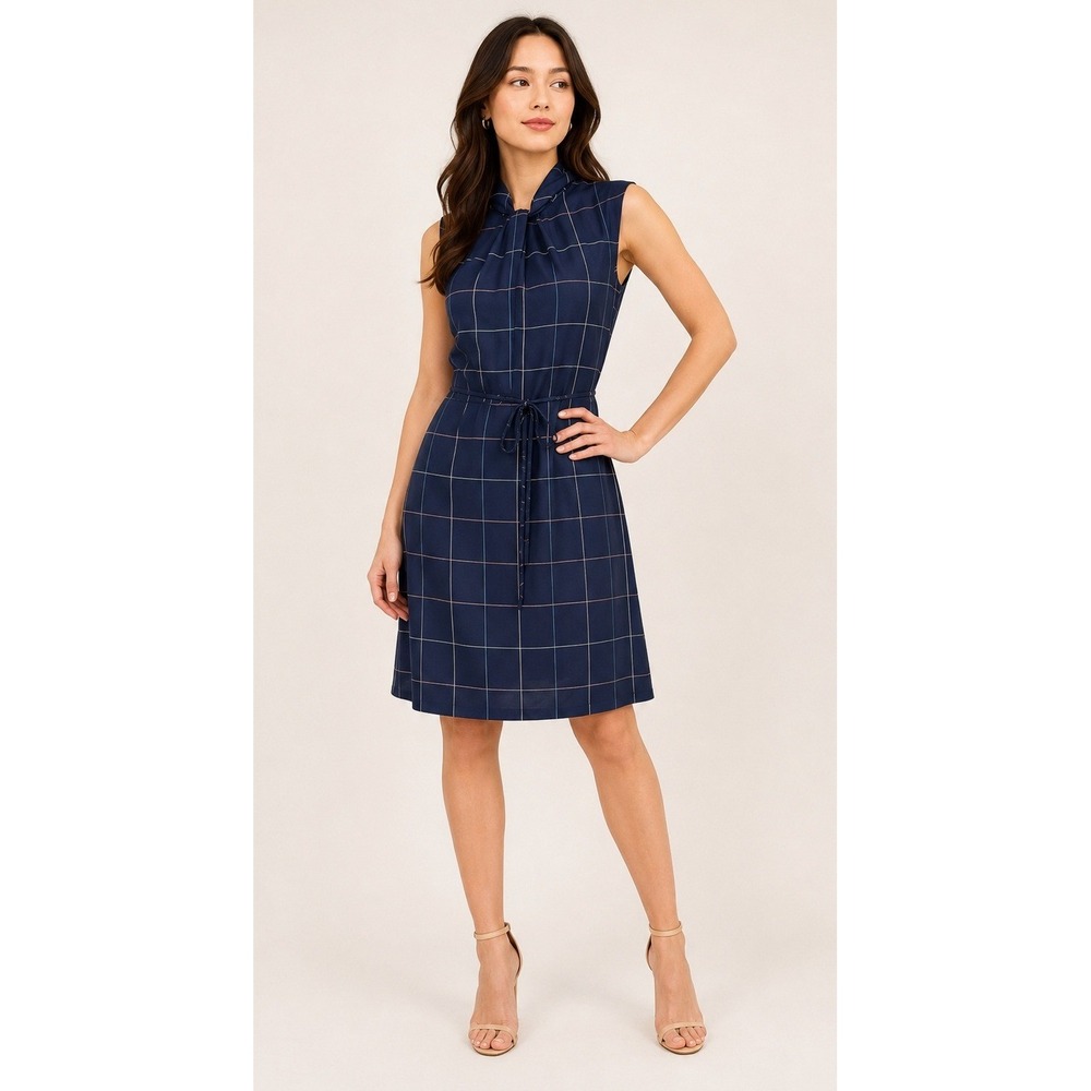 Banana Republic Sleeveless Twist Neck Dress Women 8 Blue Plaid Windowpane Preppy